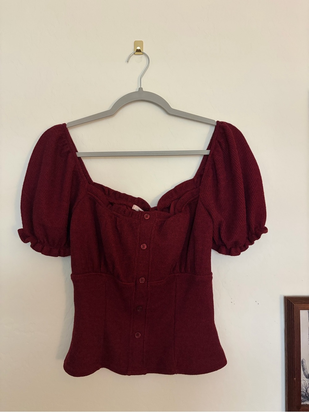 Women's Burgundy Puff-Sleeve Button Front Top